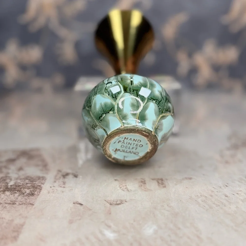 Vintage Hand Painted Delft Holland Vase Brass & Marbled Base